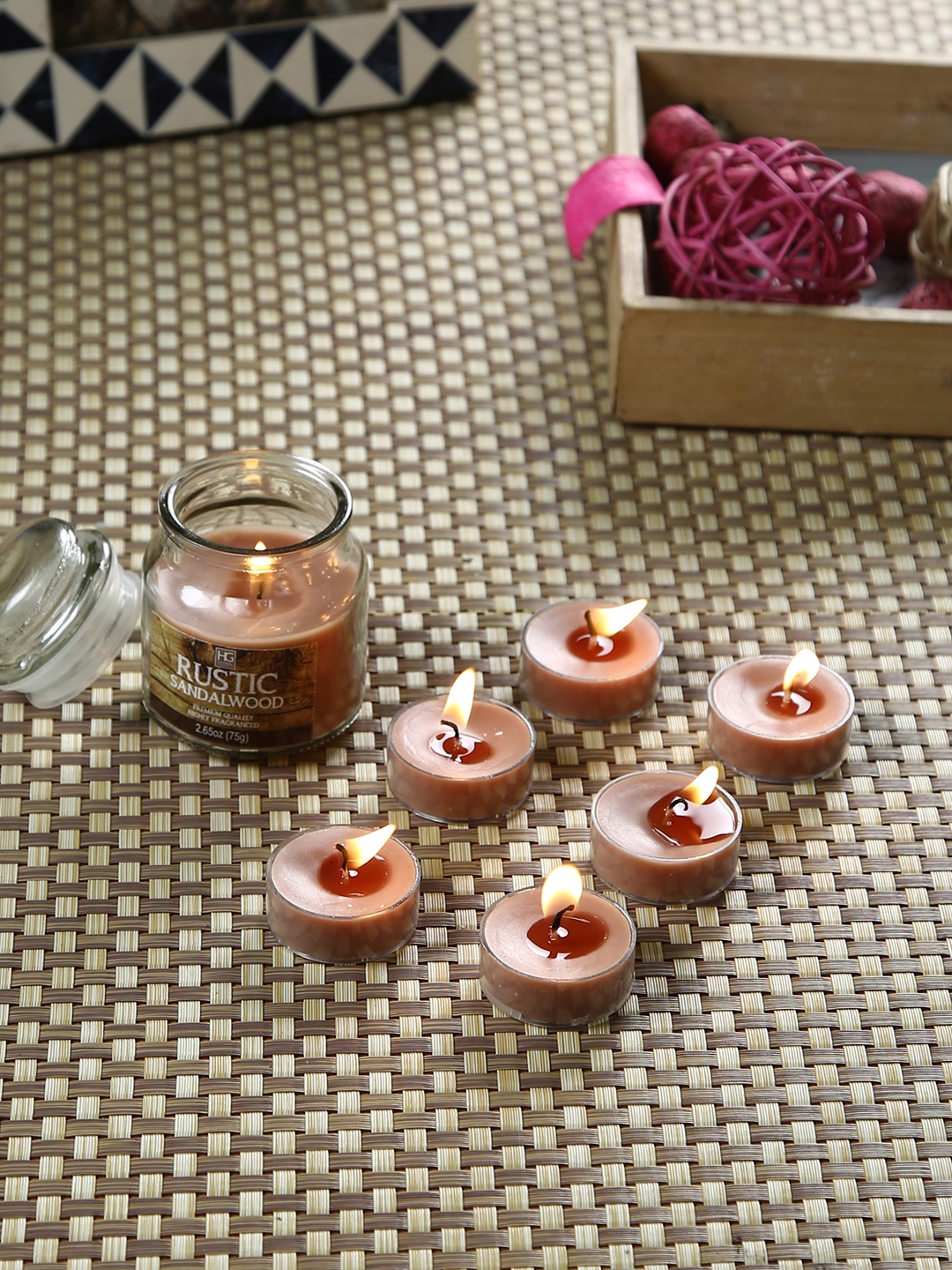 

HOSLEY Set of 7 Brown Rustic Sandalwood Scented Jar Candle With Tealights