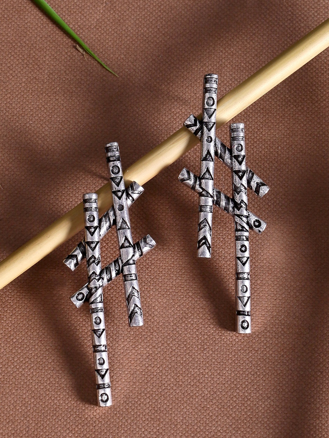 

Voylla Silver-Plated & Black Oxidised Geometric Drop Earrings