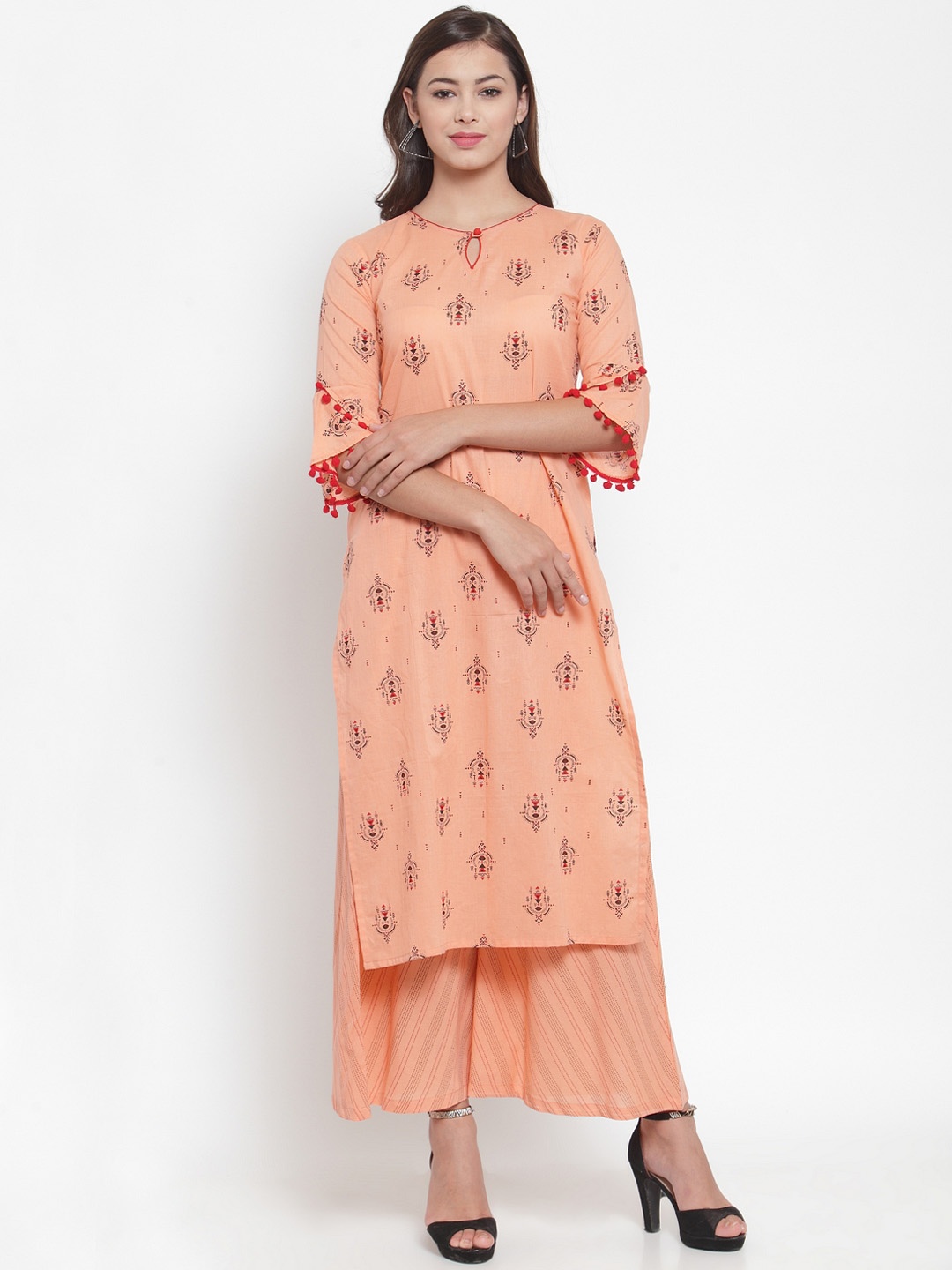 

Indibelle Women Peach-Coloured & Red Printed Straight Kurta
