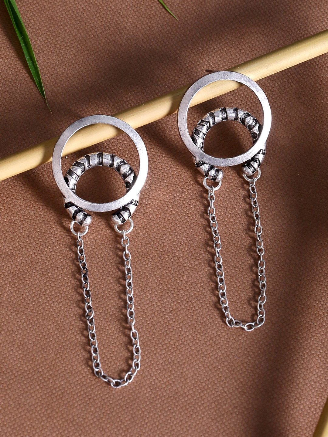 

Voylla Silver-Plated & Black Oxidised Geometric Drop Earrings