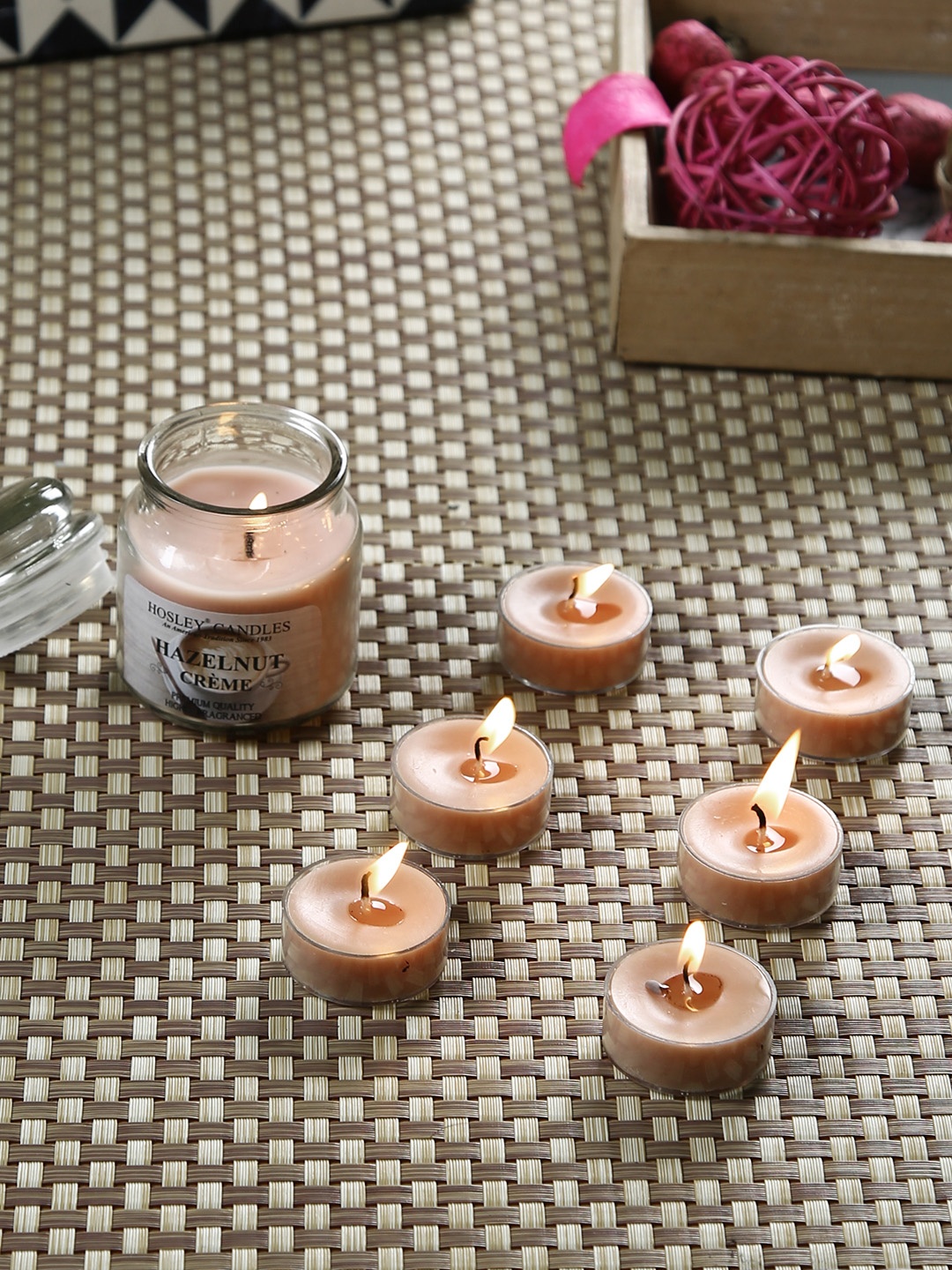 

HOSLEY Set of 7 Brown Hazelnut Creme Scented Jar Candle With Tealights