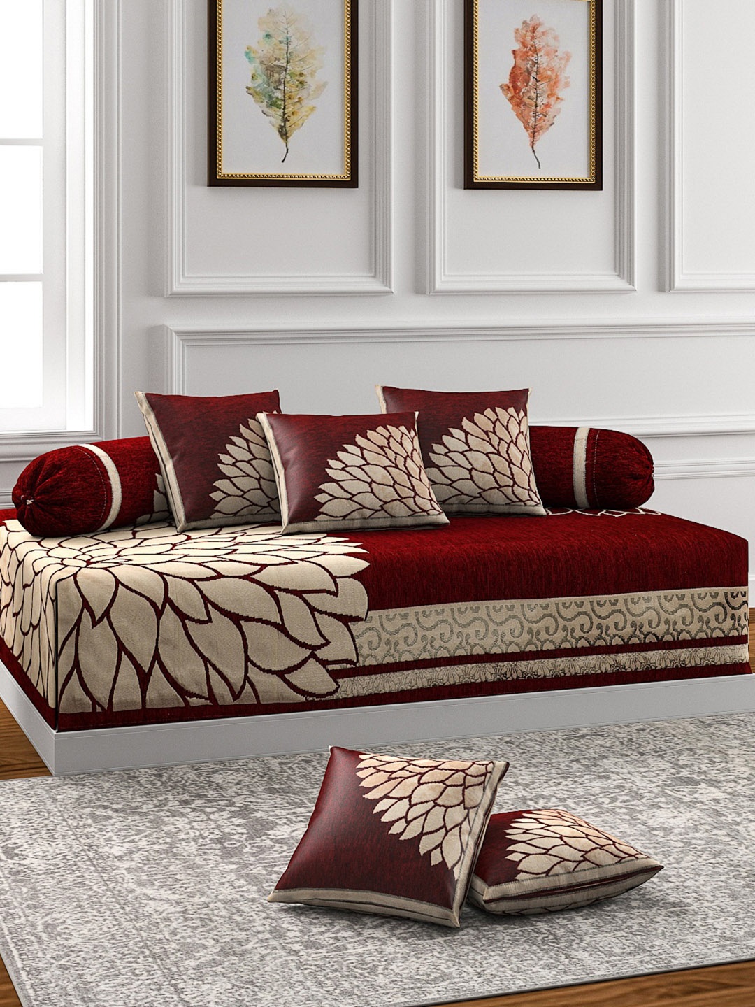 

ROMEE Set of 8 Maroon & Beige Printed Diwan Set