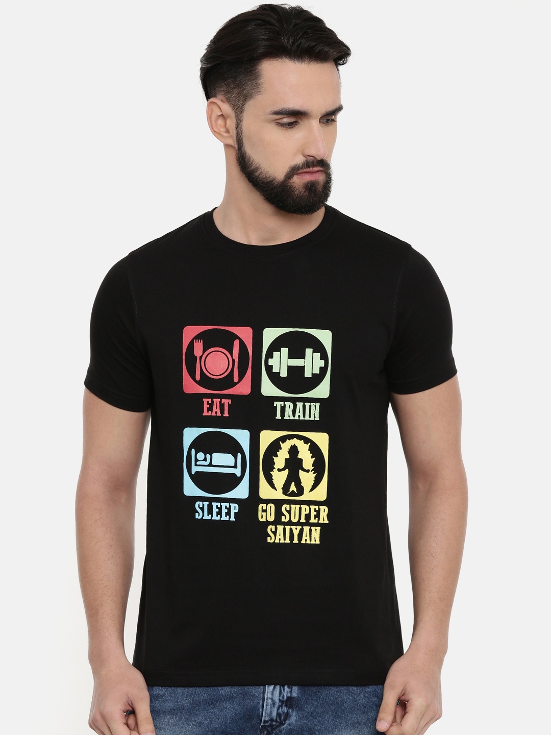 

Bushirt Men Black Printed Round Neck Pure Cotton T-shirt