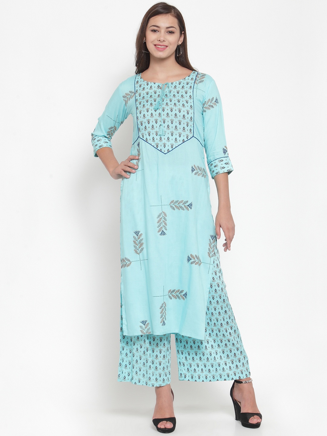 

Indibelle Women Sea Green & Brown Block Printed Straight Kurta
