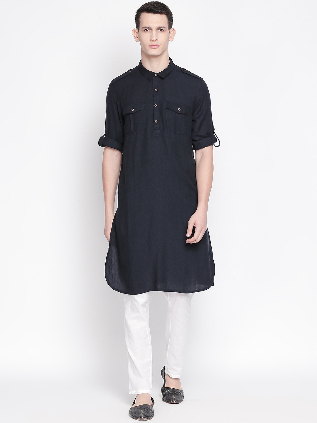 

indus route by Pantaloons Men Navy Blue Solid Straight Kurta