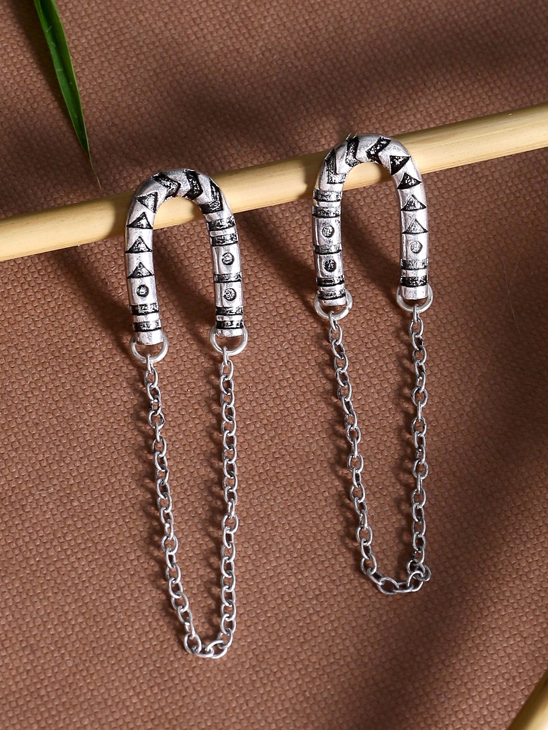 

Voylla Silver-Plated & Black Oxidised Geometric Drop Earrings