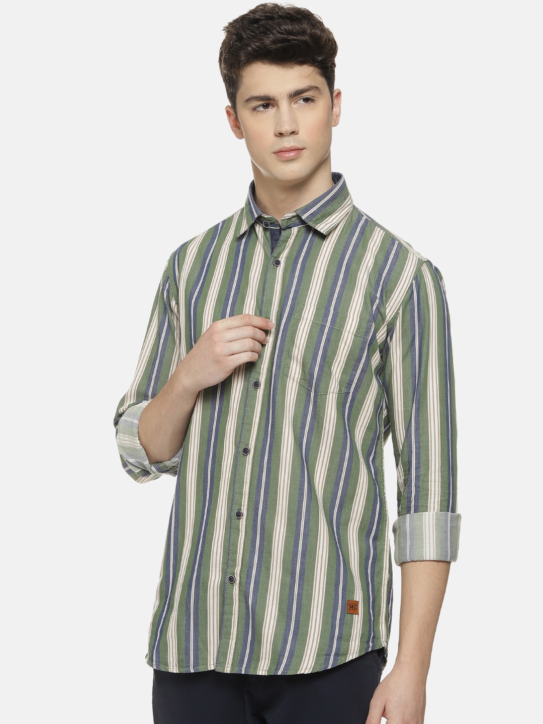 

Campus Sutra Men Olive Green & Blue Regular Fit Striped Casual Shirt