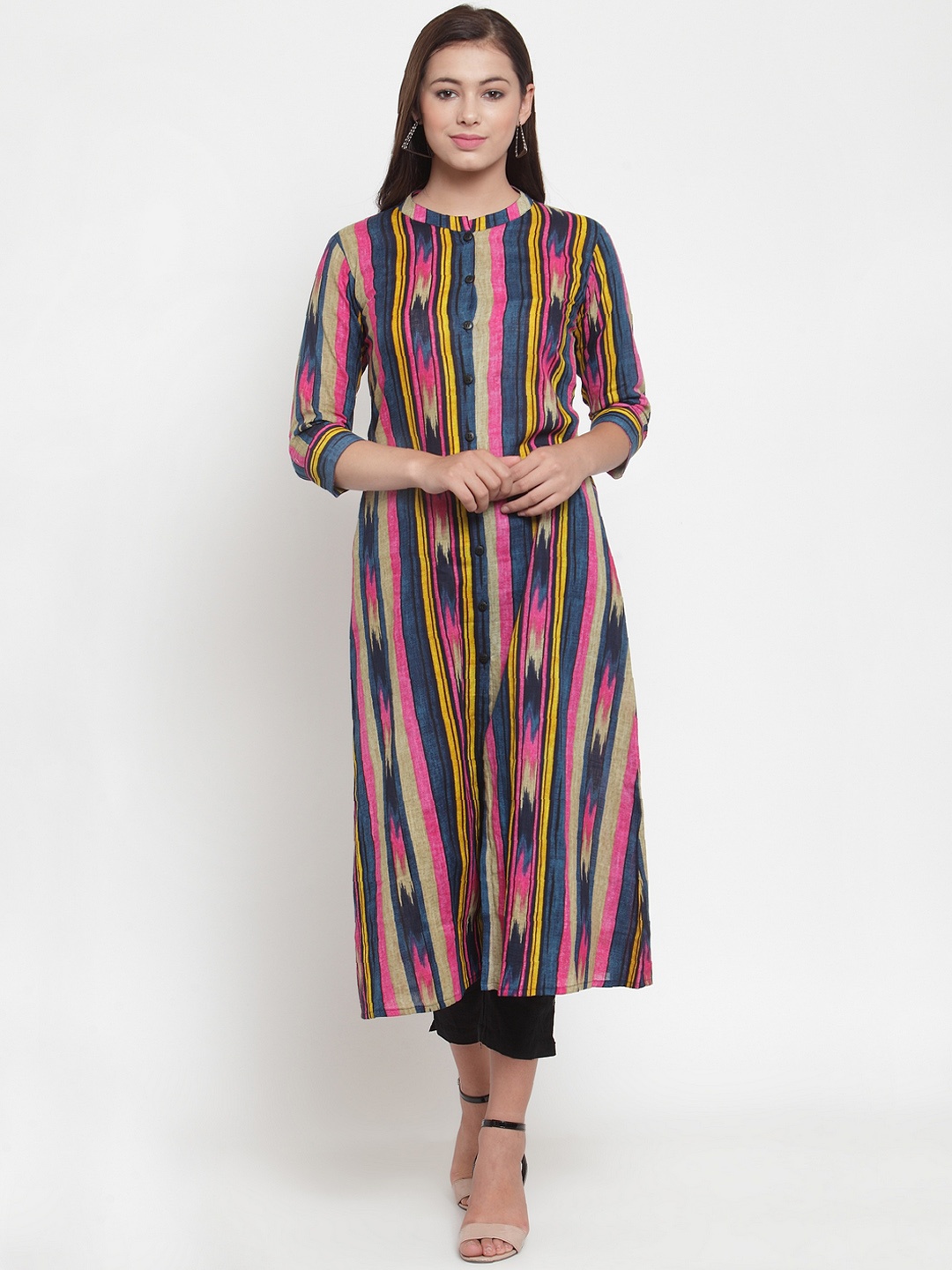 

Indibelle Women Navy Blue & Pink Striped Straight Kurta