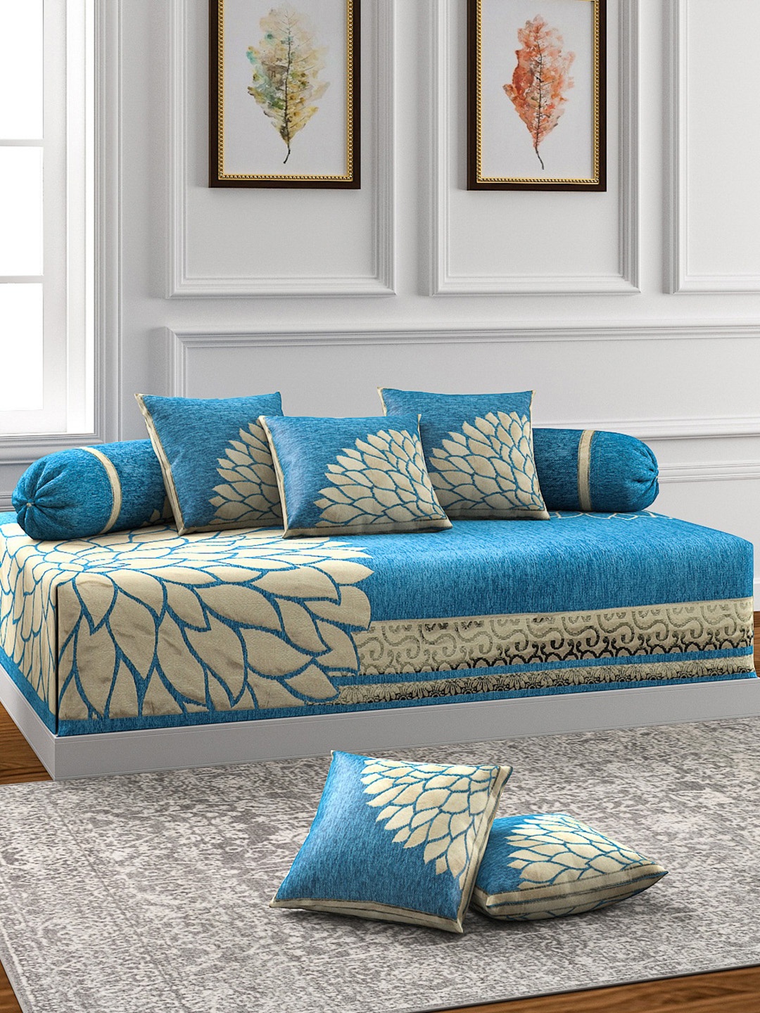 

ROMEE Set of 8 Turquoise Blue & Beige Self Design Diwan Set