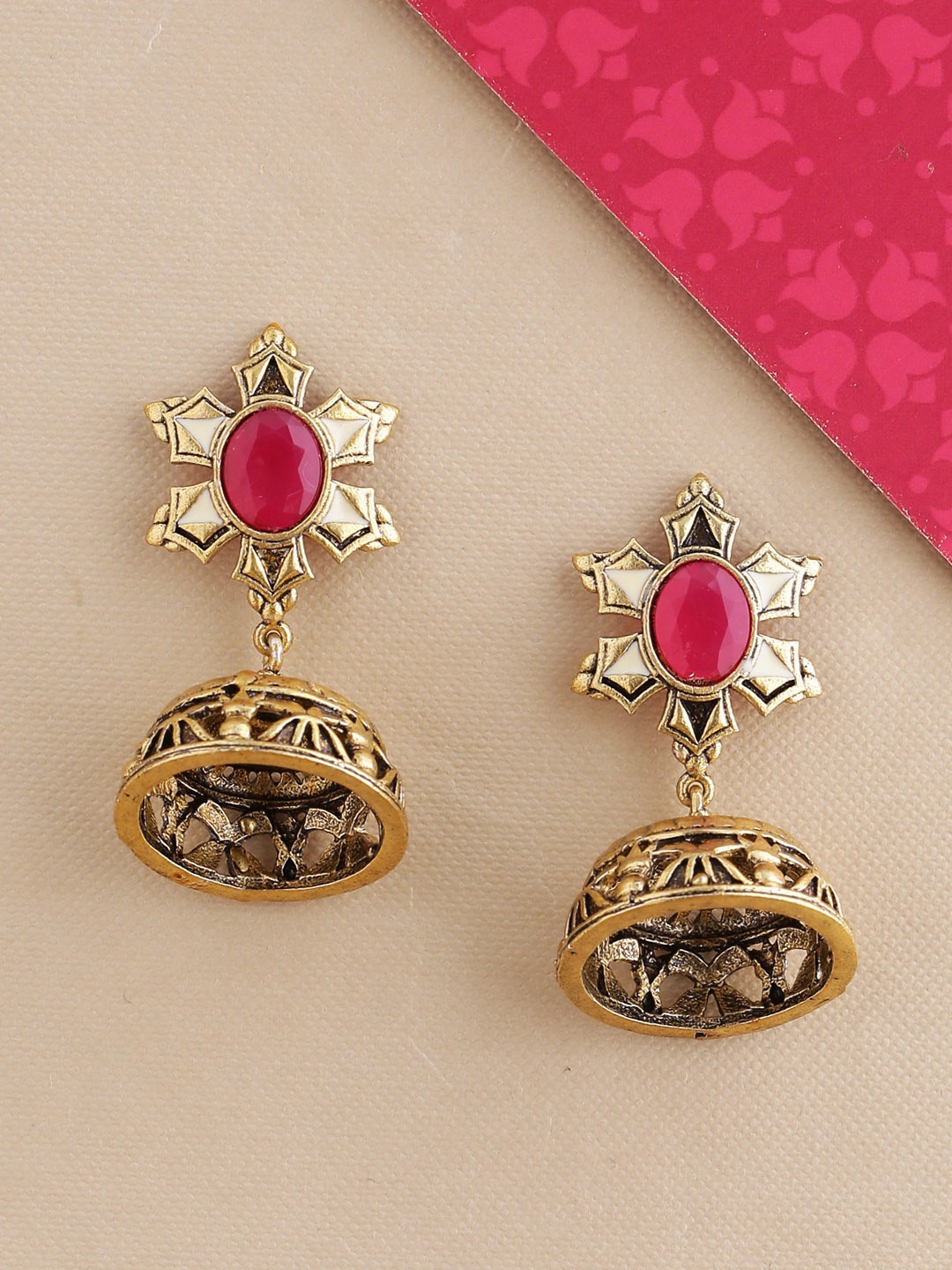 

Studio Voylla Gold-Toned & Red Oxidised Dome Shaped Jhumkas
