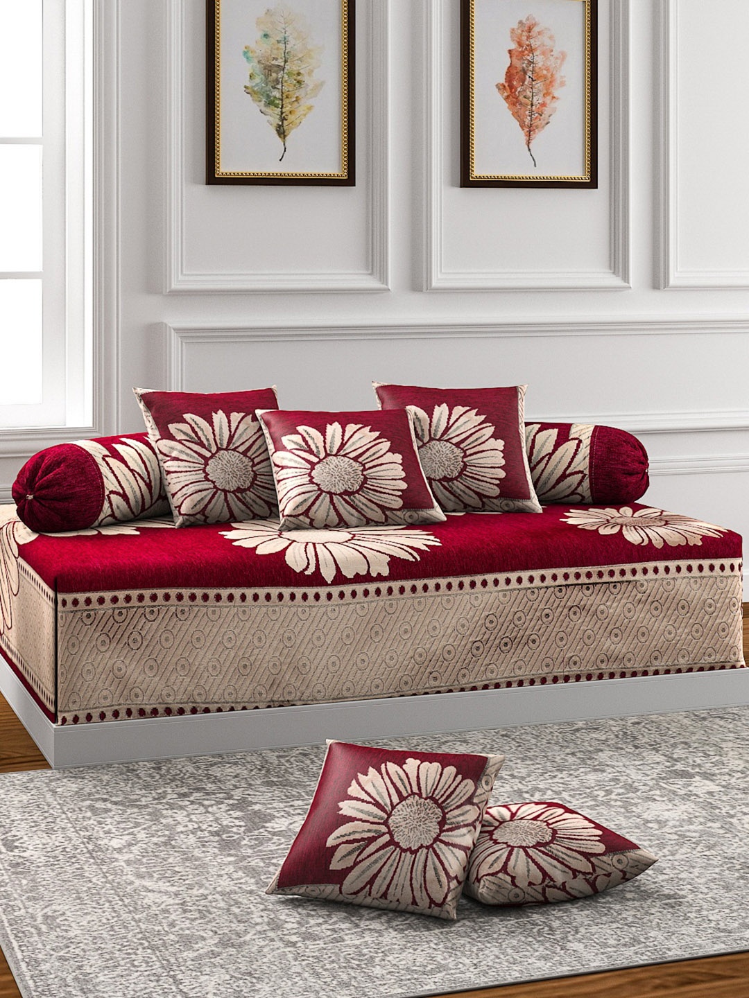 

ROMEE Set of 8 Maroon & Beige Self Design Diwan Set