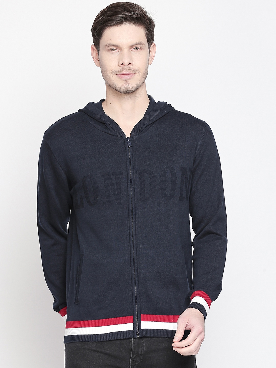 

BYFORD by Pantaloons Men Navy Blue Printed Hooded Sweatshirt