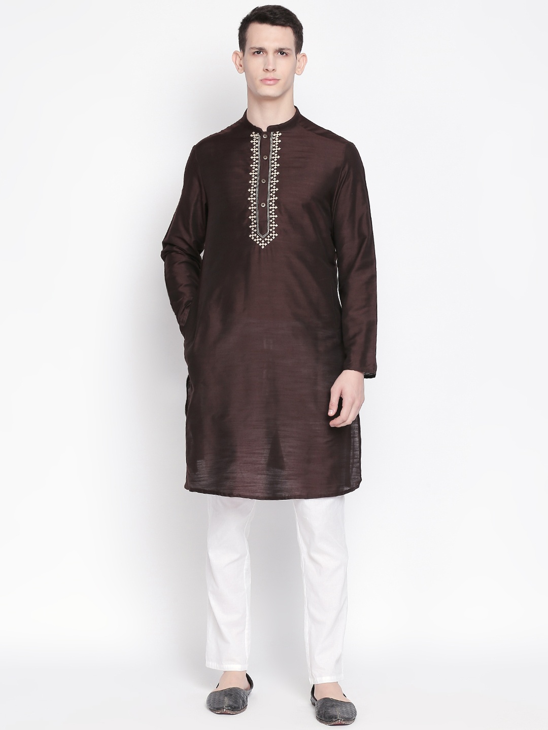 

indus route by Pantaloons Men Brown Embroidered Straight Kurta