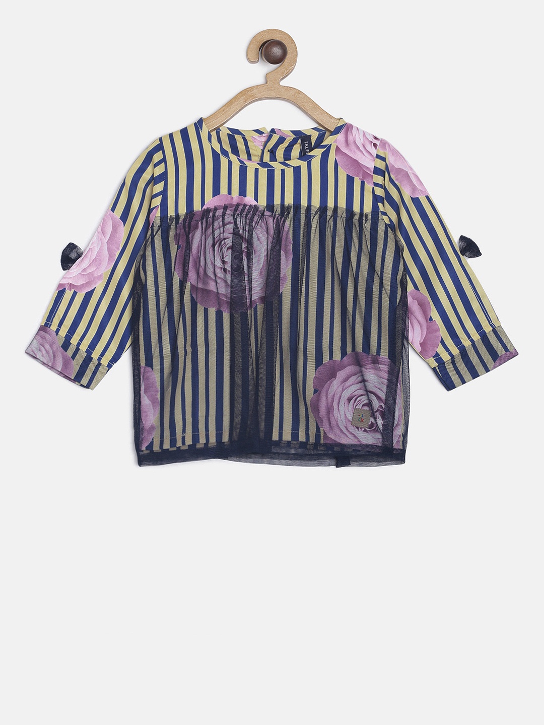 

TALES & STORIES Girls Yellow & Navy Blue Striped Boxy Top
