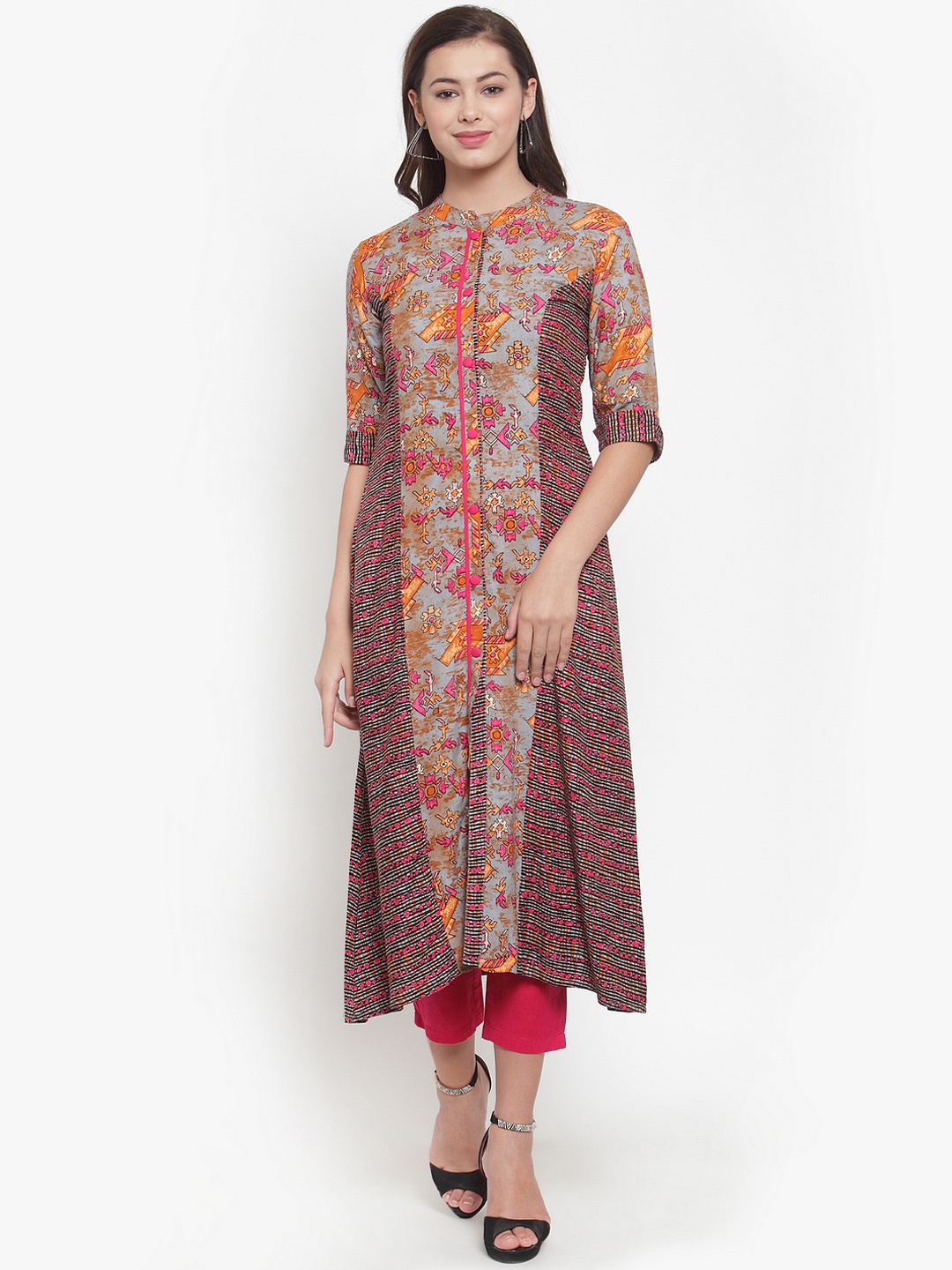 

Indibelle Women Multicoloured Printed A-Line Kurta, Pink