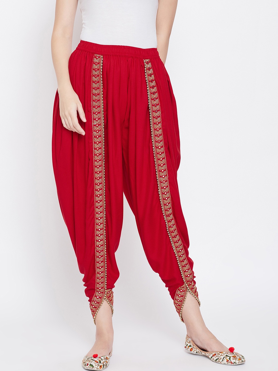 

Castle Women Red Solid Dhoti Salwar With Embellished Border
