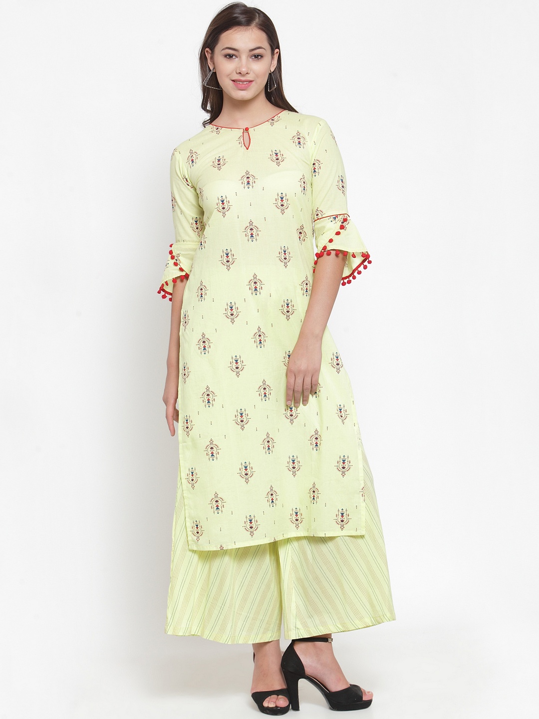 

Indibelle Women Yellow & Red Printed Straight Kurta