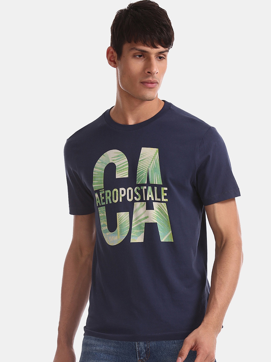 

Aeropostale Men Navy Blue Printed Round Neck Pure Cotton T-shirt