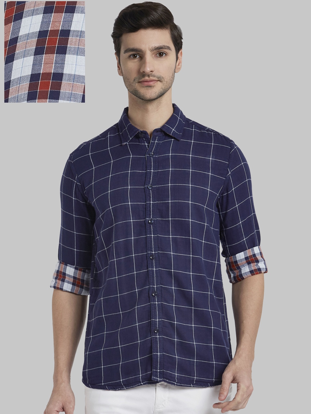 

Parx Men Blue Regular Fit Checked Reversible Casual Shirt