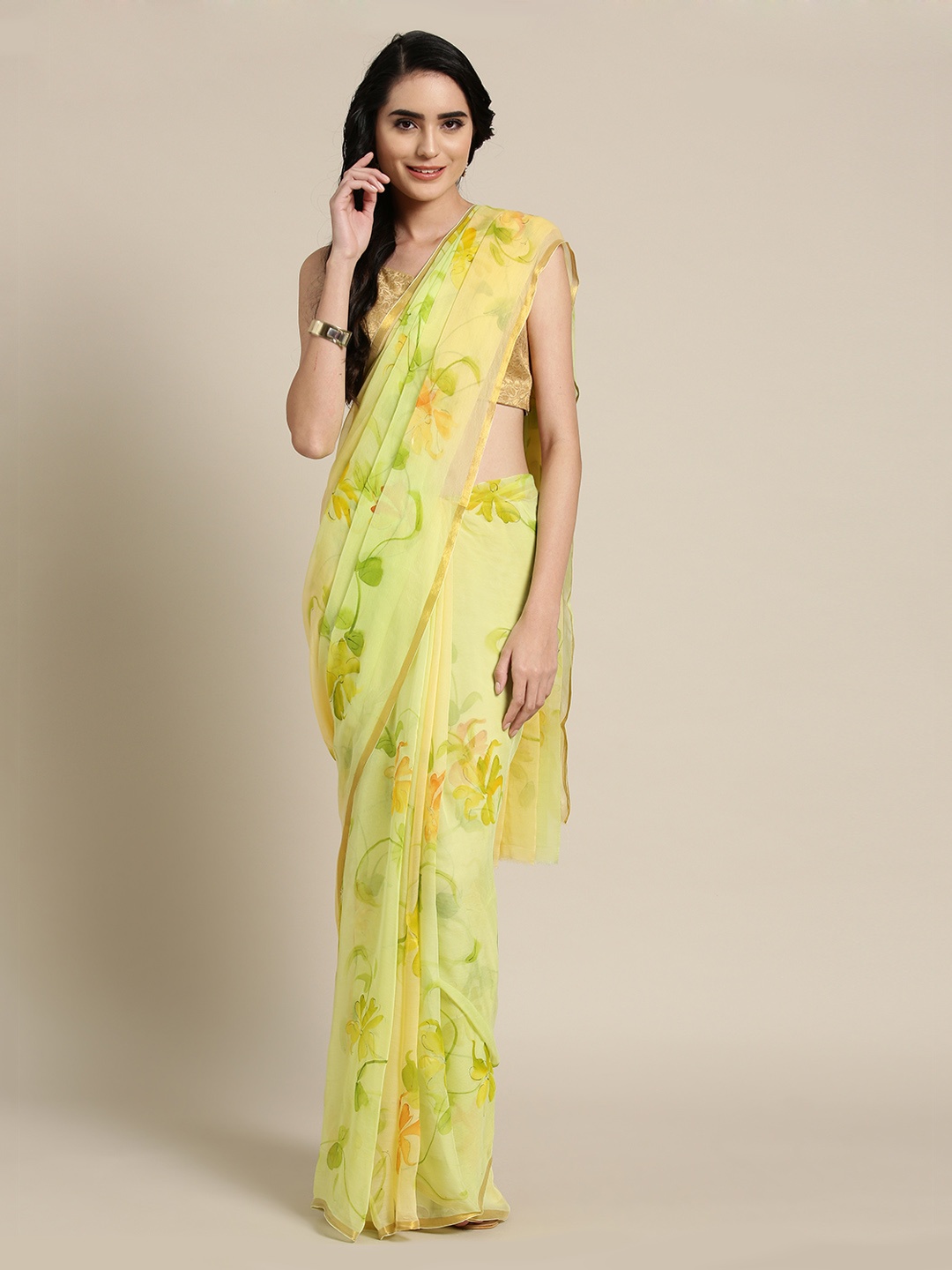 

Geroo Jaipur Lime Green Poly Chiffon Handpainted Sustainable Saree