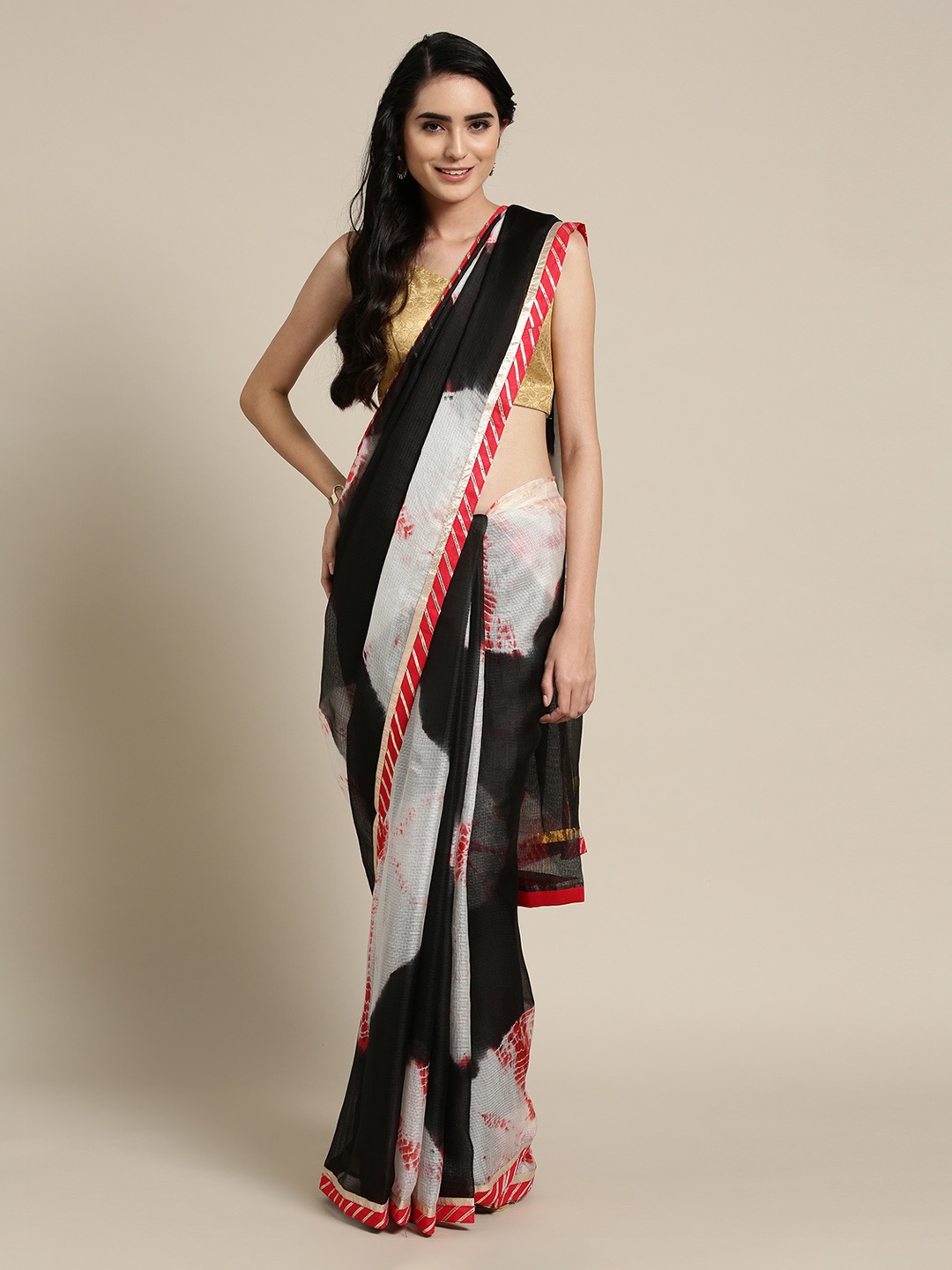 Geroo Jaipur Hand Dyed Black & White Kota Silk Sustainable Saree