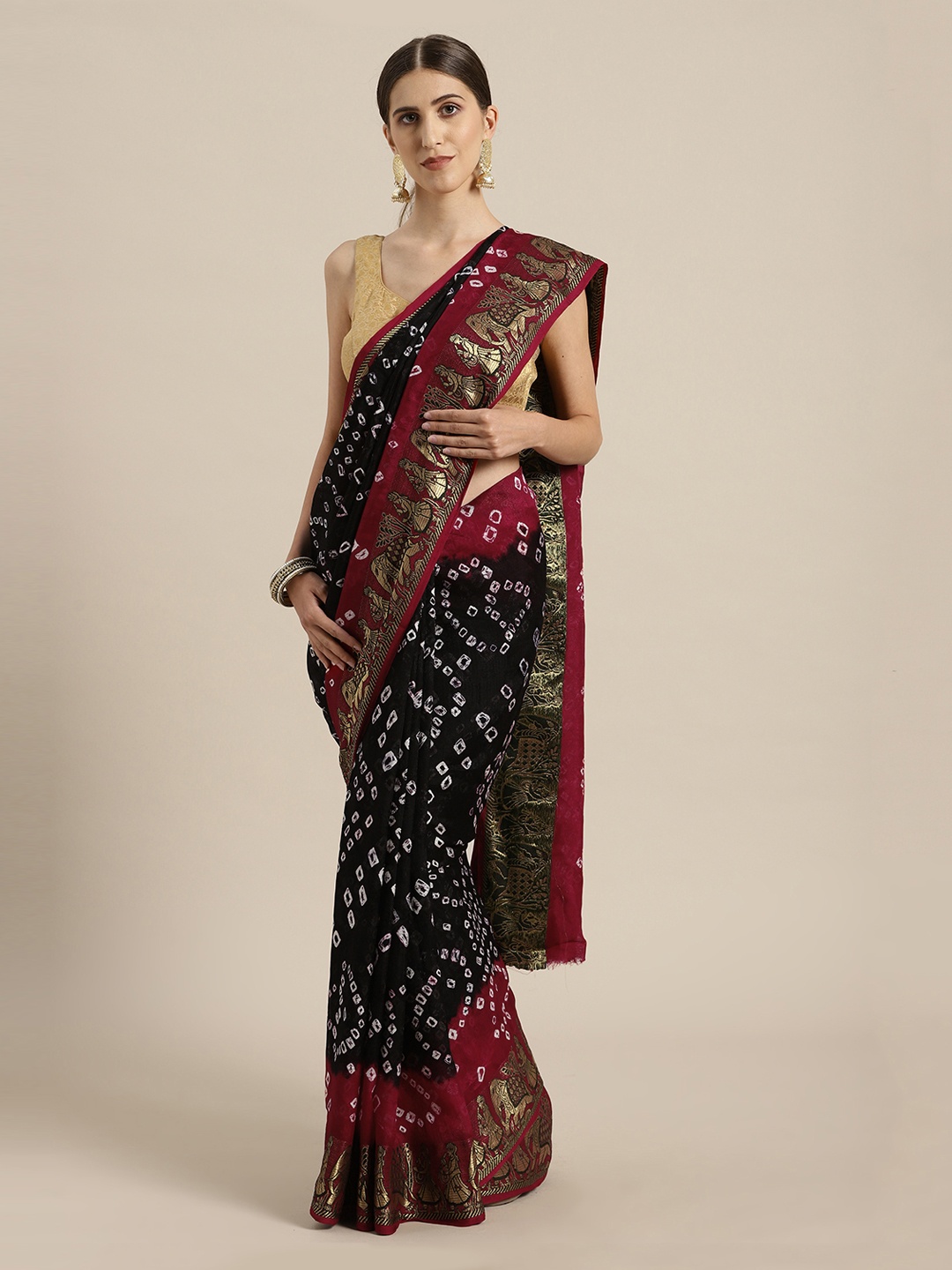 

Geroo Jaipur Black & Maroon Art Silk Hand-Dyed Bandhani Saree