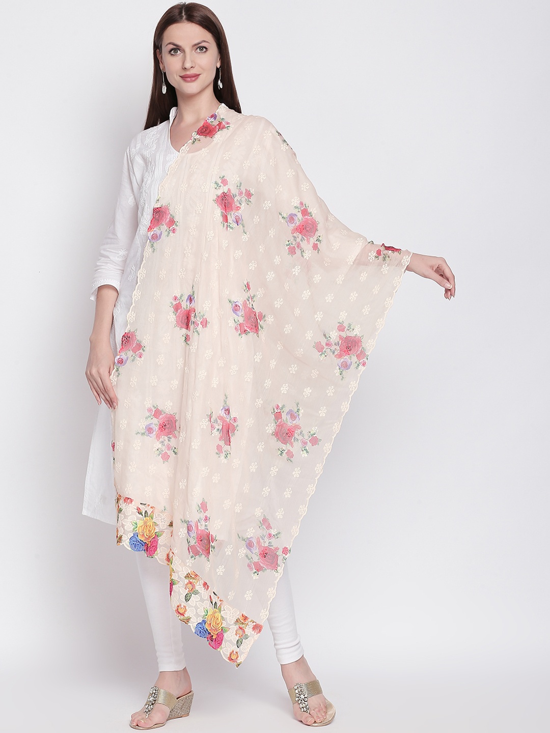 

Dupatta Bazaar Cream-Coloured & Pink Printed Dupatta