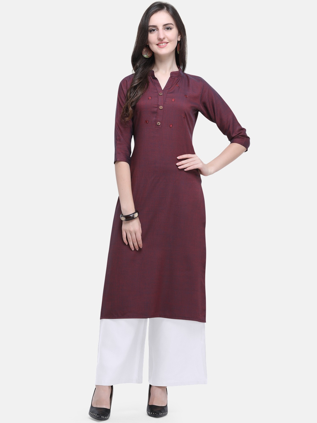 

Kvsfab Women Maroon Woven Design Straight Kurta