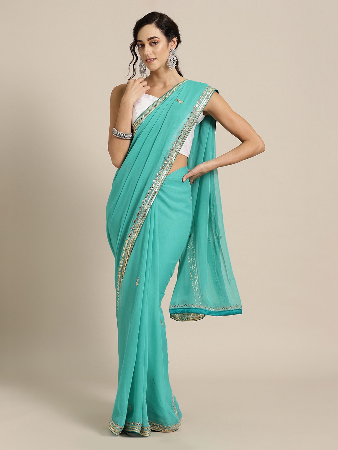 

Geroo Jaipur Green Gota Patti Hand Embellished Pure Georgette Sustainable Saree, Sea green