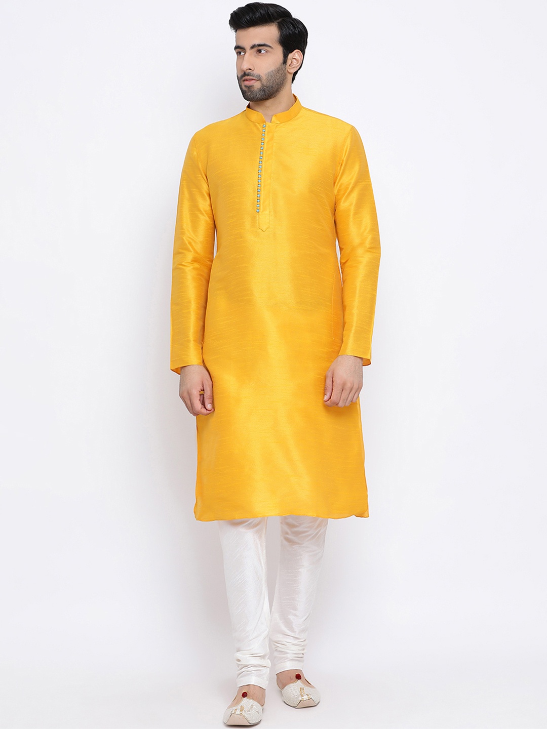

NAMASKAR Men Yellow Solid Dupion Silk Straight Kurta