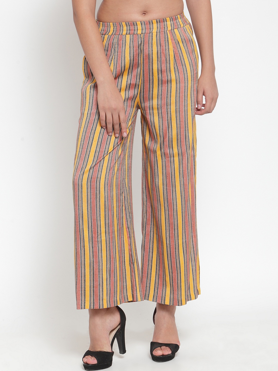 

Indibelle Women Peach-Coloured & Yellow Striped Straight Palazzos