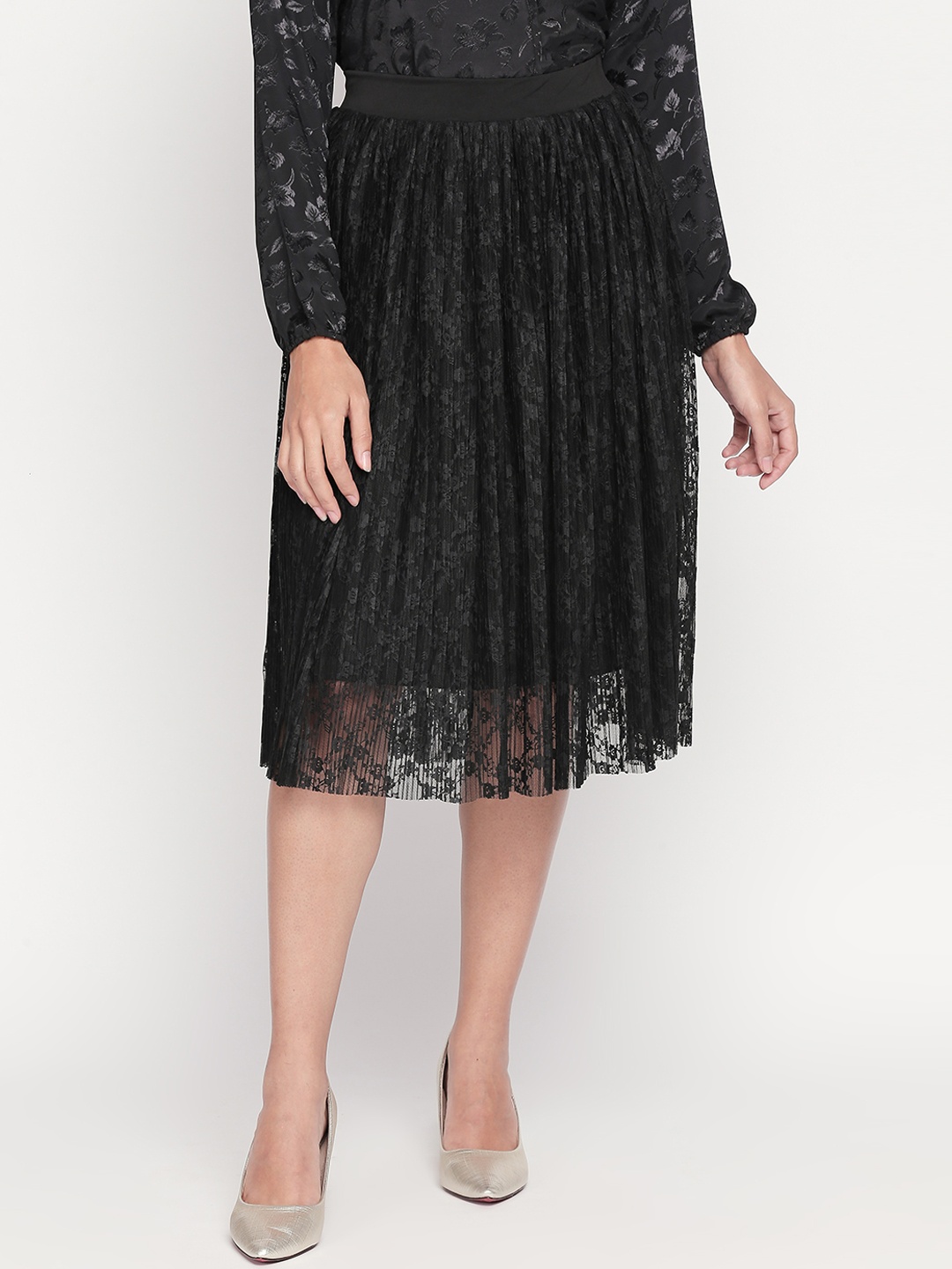 

Forever Glam Women Black Self-Design Midi Skirt