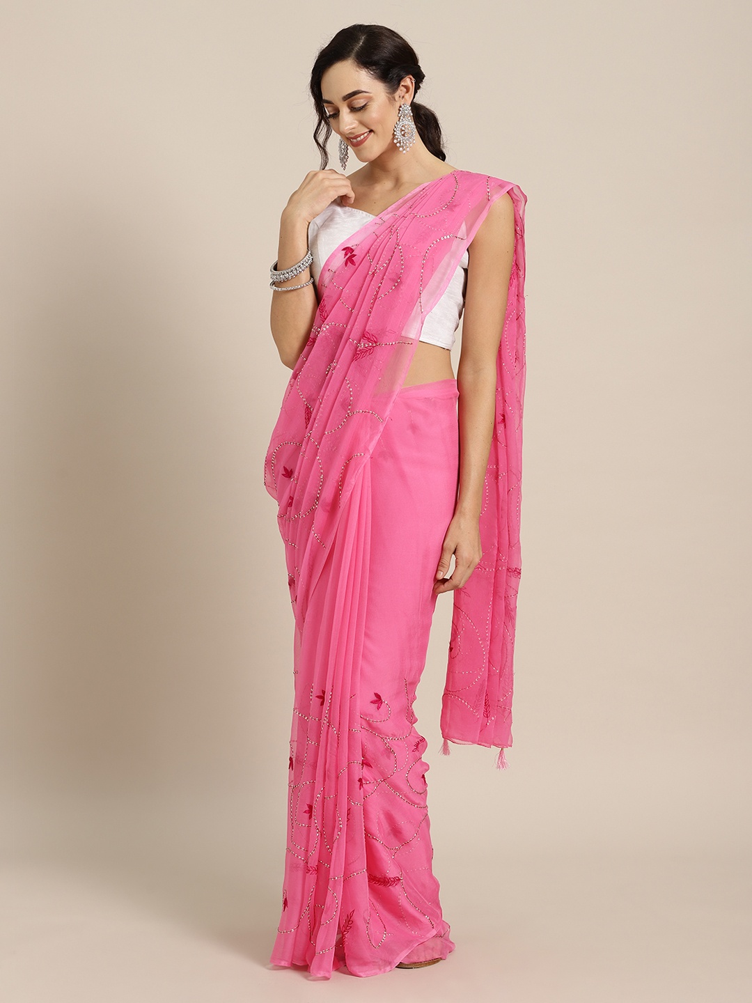 Geroo Jaipur Pink Embroidered Pure Chiffon Saree
