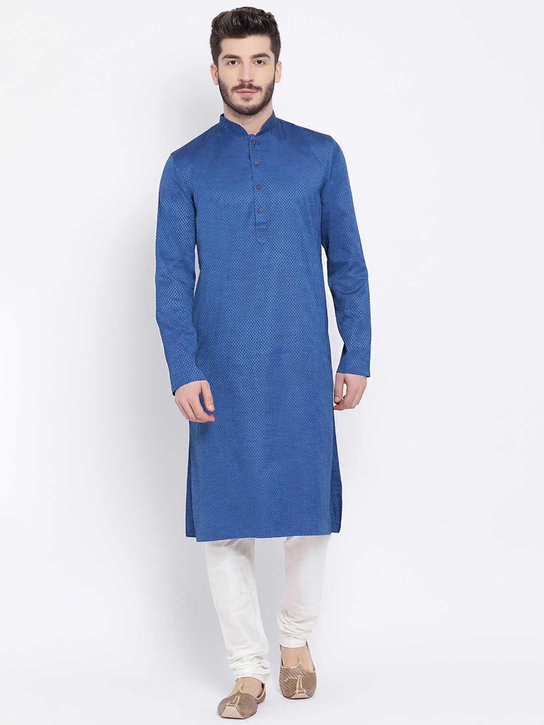 

NAMASKAR Men Blue Cotton Self Design Straight Kurta