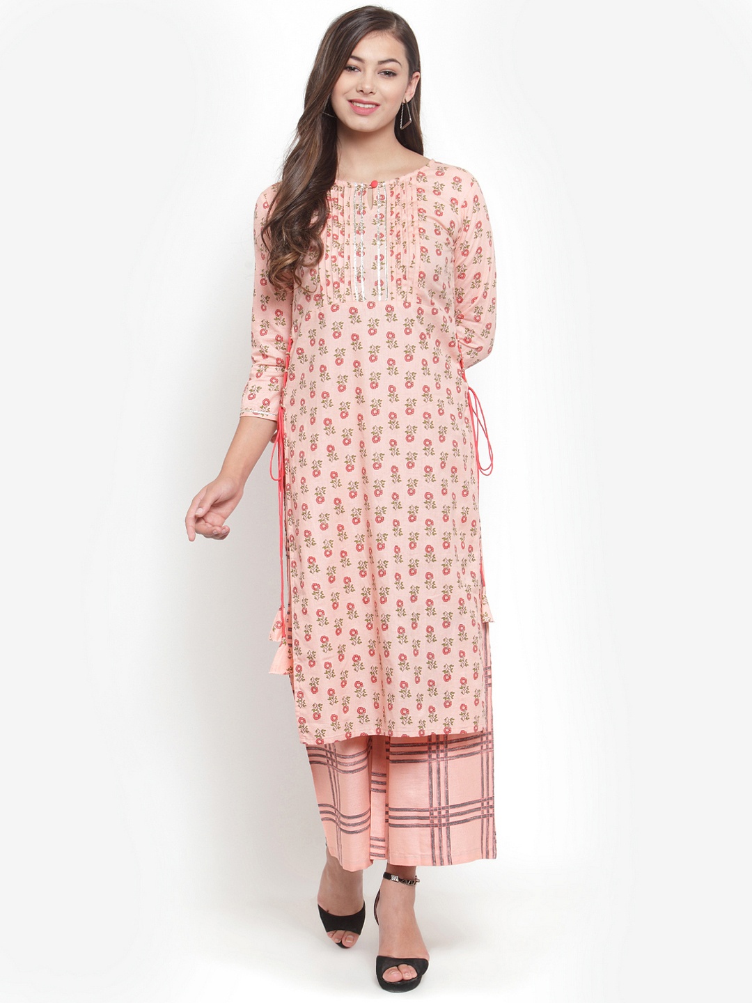 

Indibelle Women Peach-Coloured & Olive Green Floral Print Straight Kurta