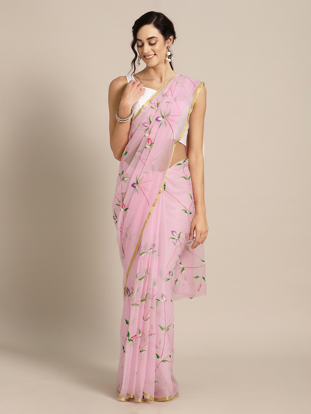 

Geroo Jaipur Pink Printed Poly Chiffon Saree