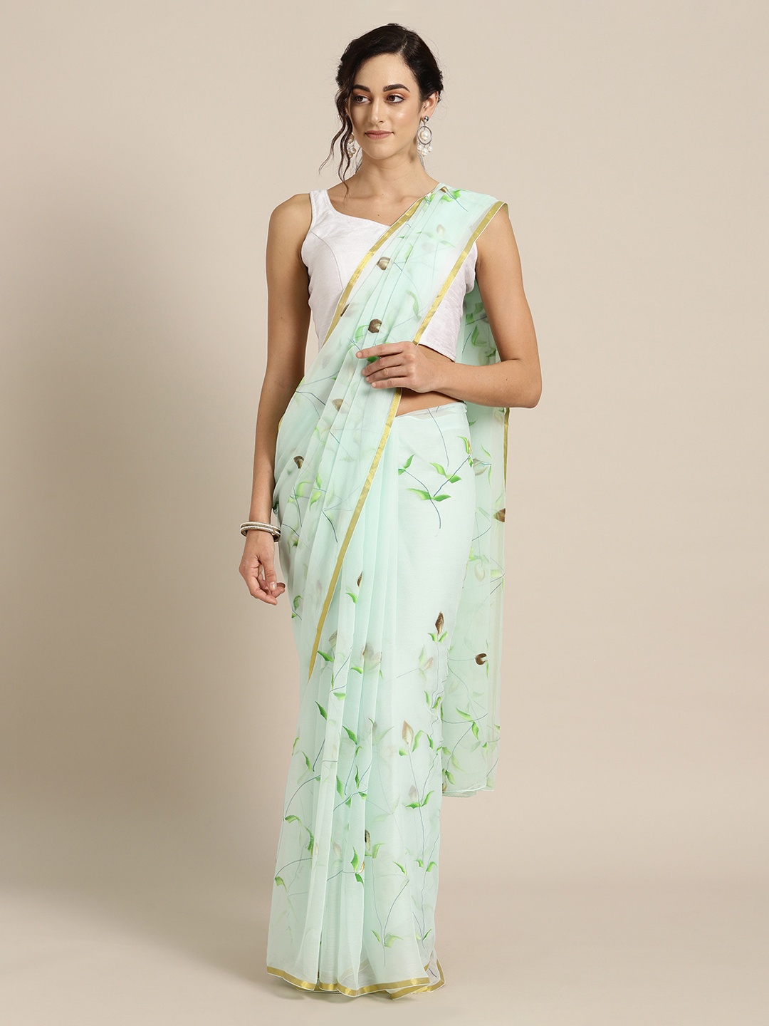 Geroo Jaipur Sea Green Hand Painted Poly Chiffon Saree