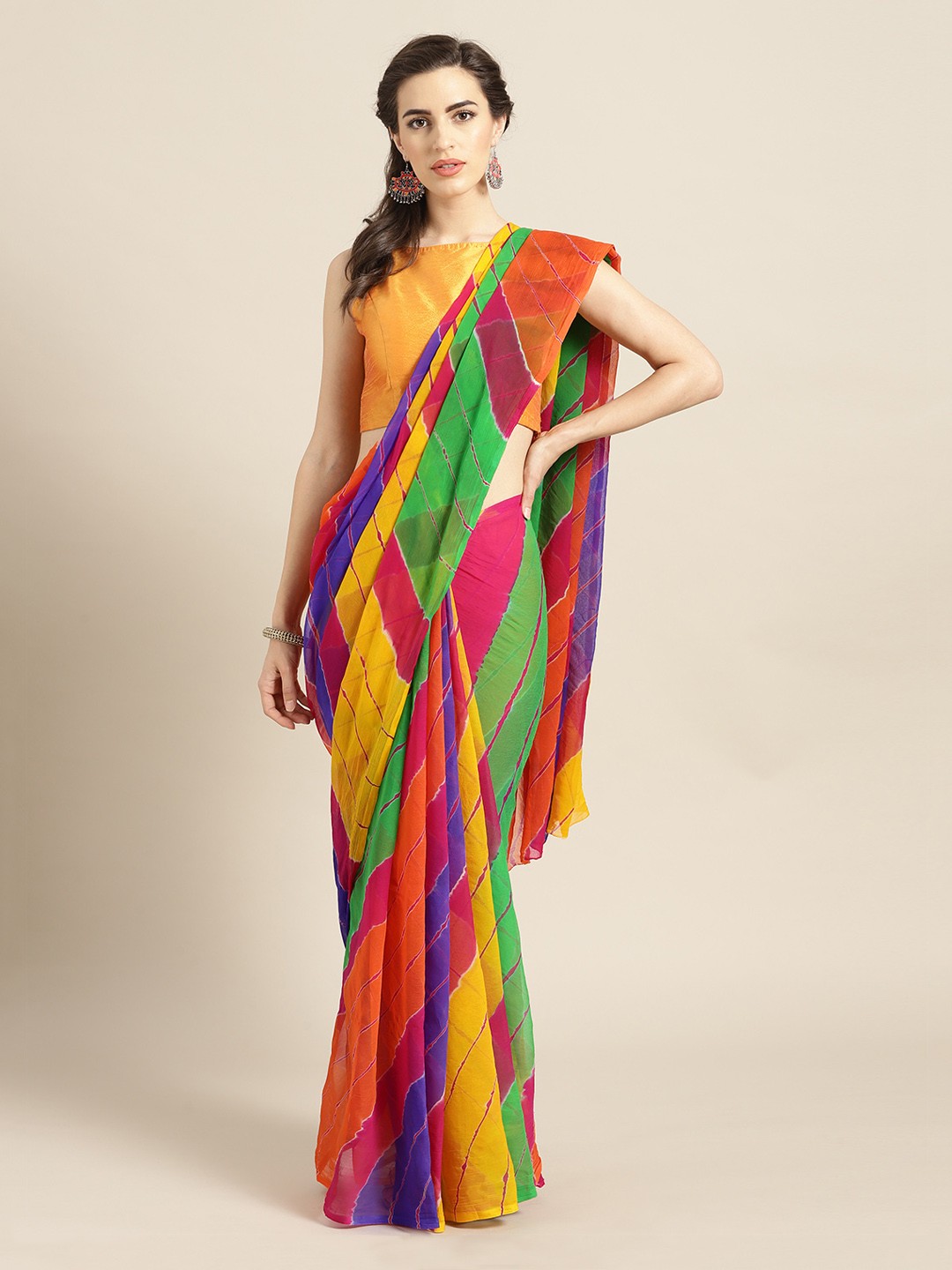 

Geroo Jaipur Mustard Yellow & Green Poly Chiffon Dyed Leheriya Saree