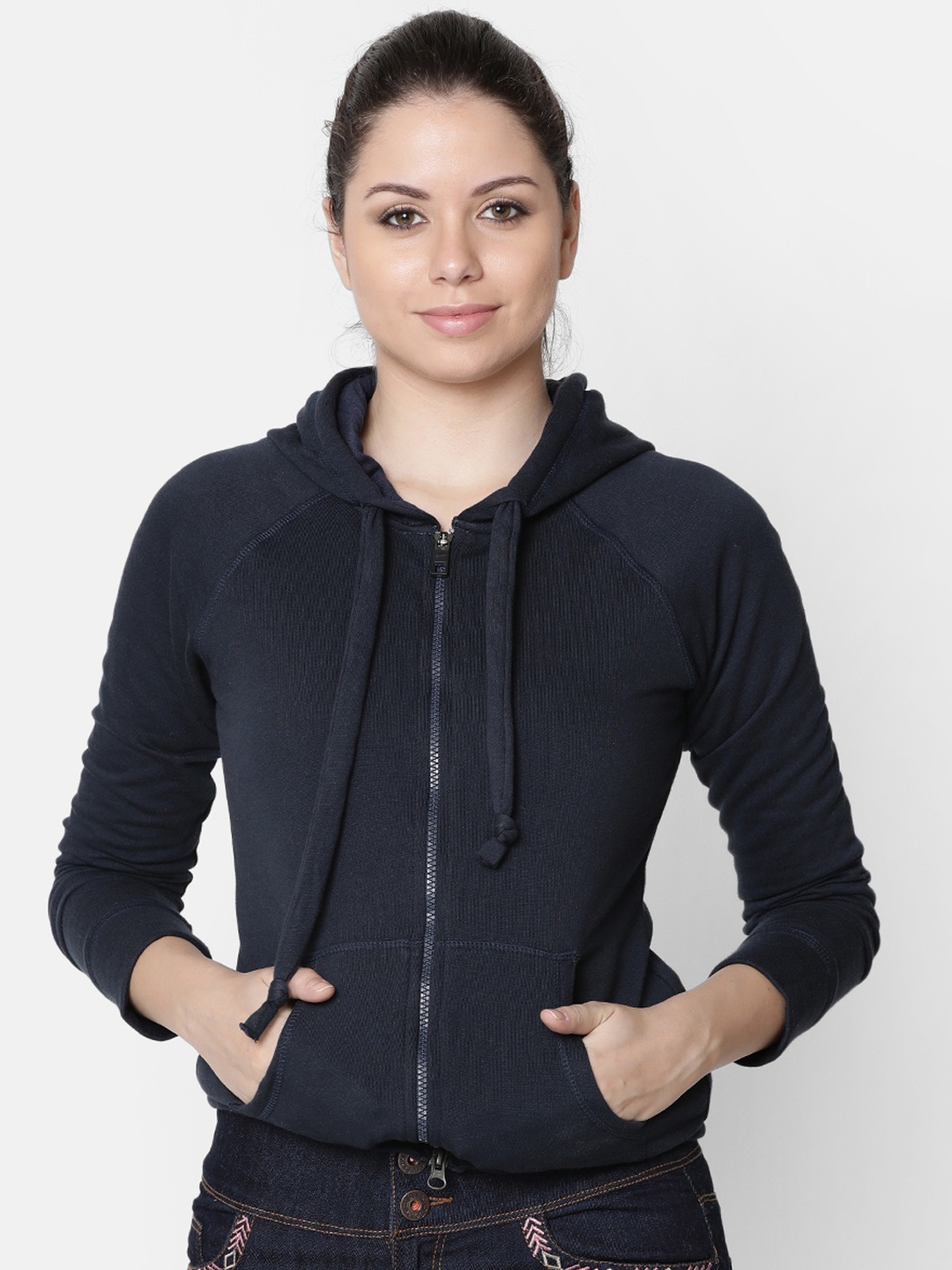 

Rute Women Navy Blue Solid Hooded Sweatshirt