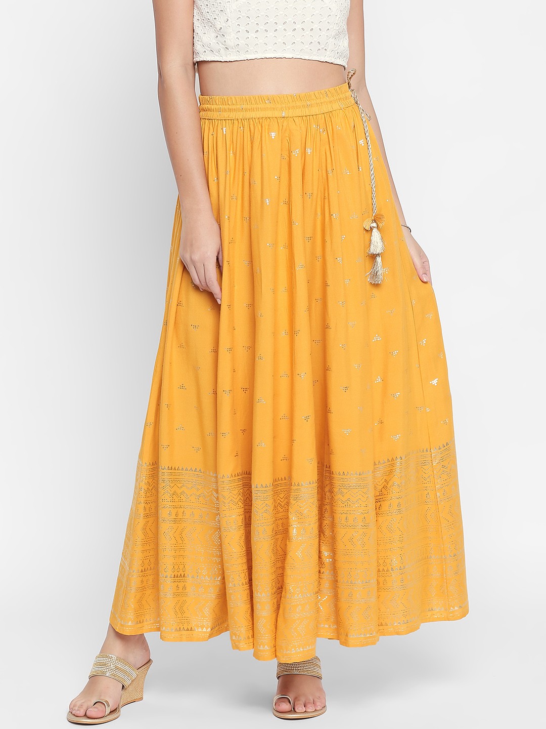 

AKKRITI Women Mustard Yellow & Silver-Toned Printed Flared Maxi Skirt