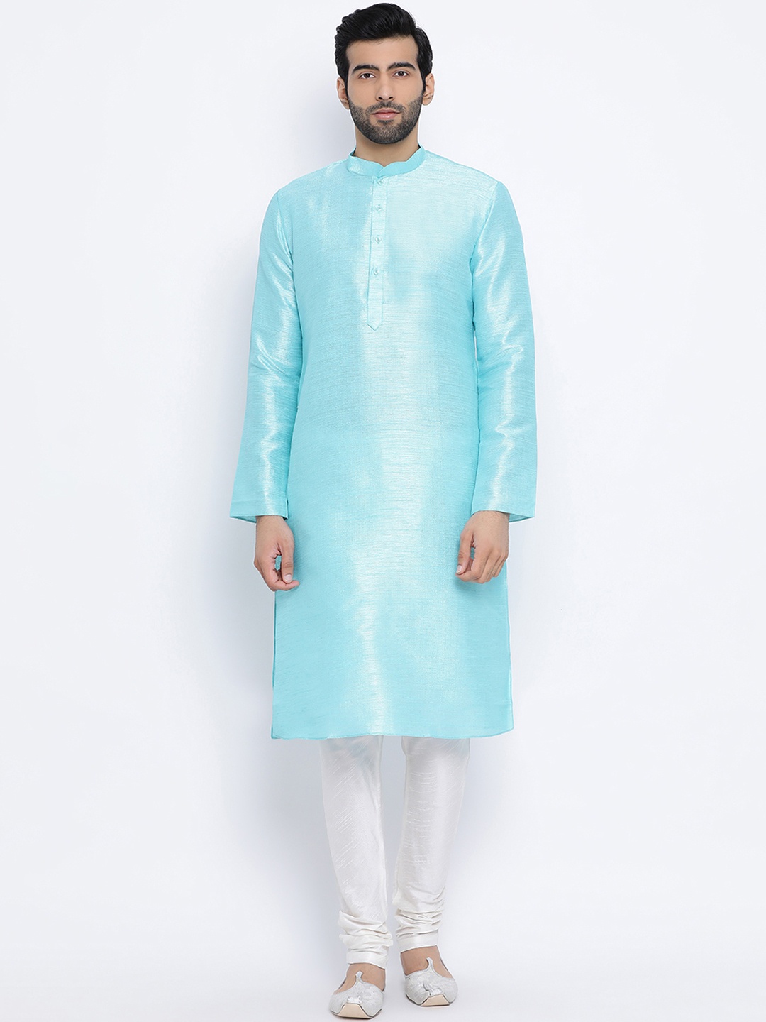 

NAMASKAR Men Turquoise Blue Solid Dupion Silk Straight Kurta