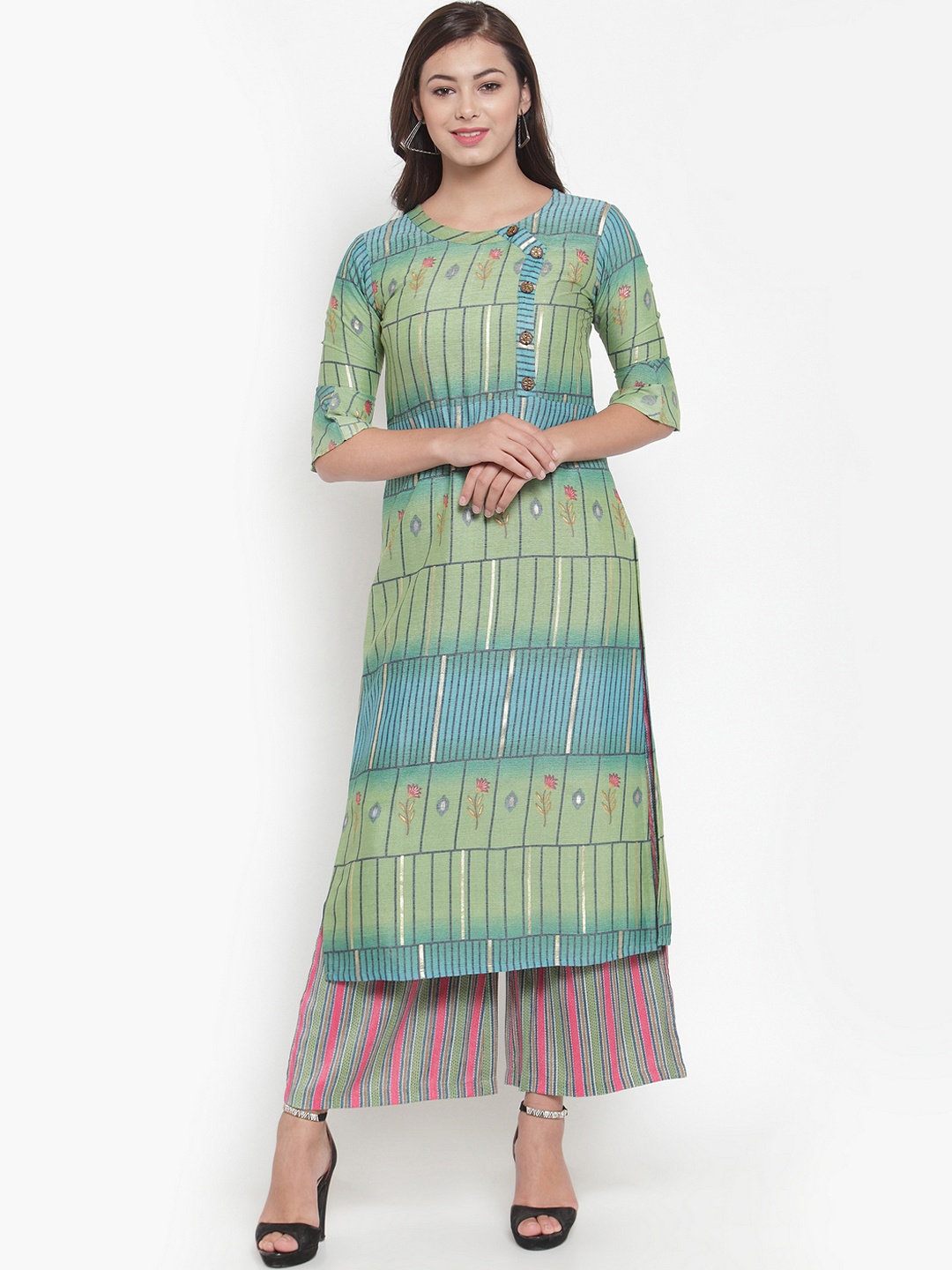 Indibelle Women Green & Blue Floral Print Straight Kurta