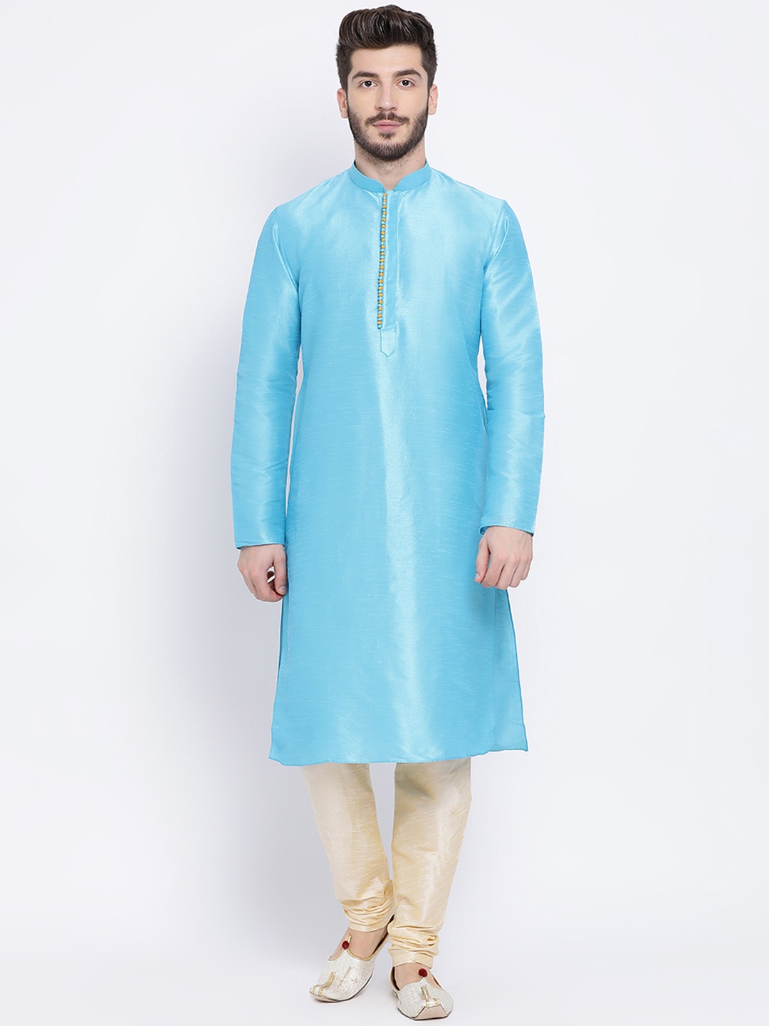 

NAMASKAR Men Blue Solid Dupion Silk Straight Kurta