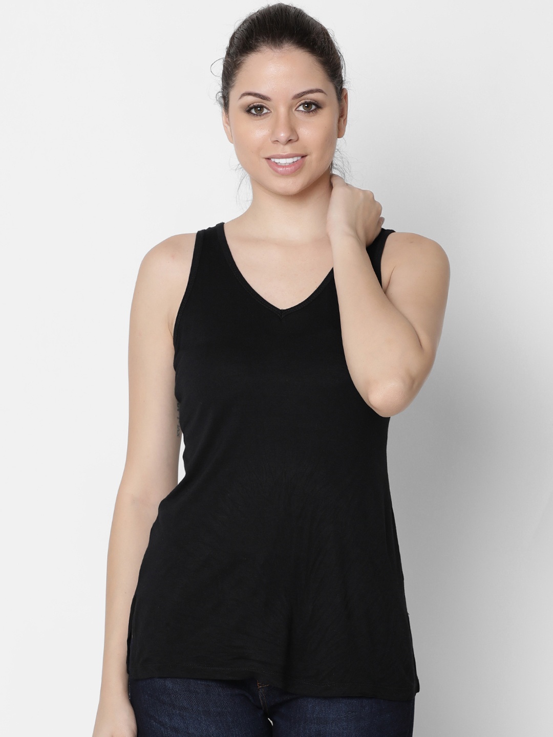 

Rute Women Black Solid V-Neck Pure Cotton T-shirt