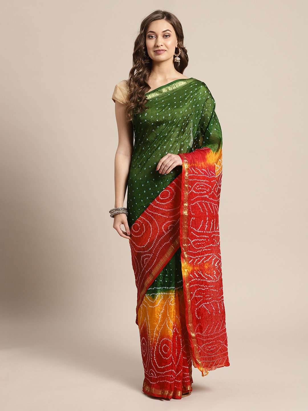 

Geroo Jaipur Hand Dyed Green & Red Bandhani Silk Sustainable Saree