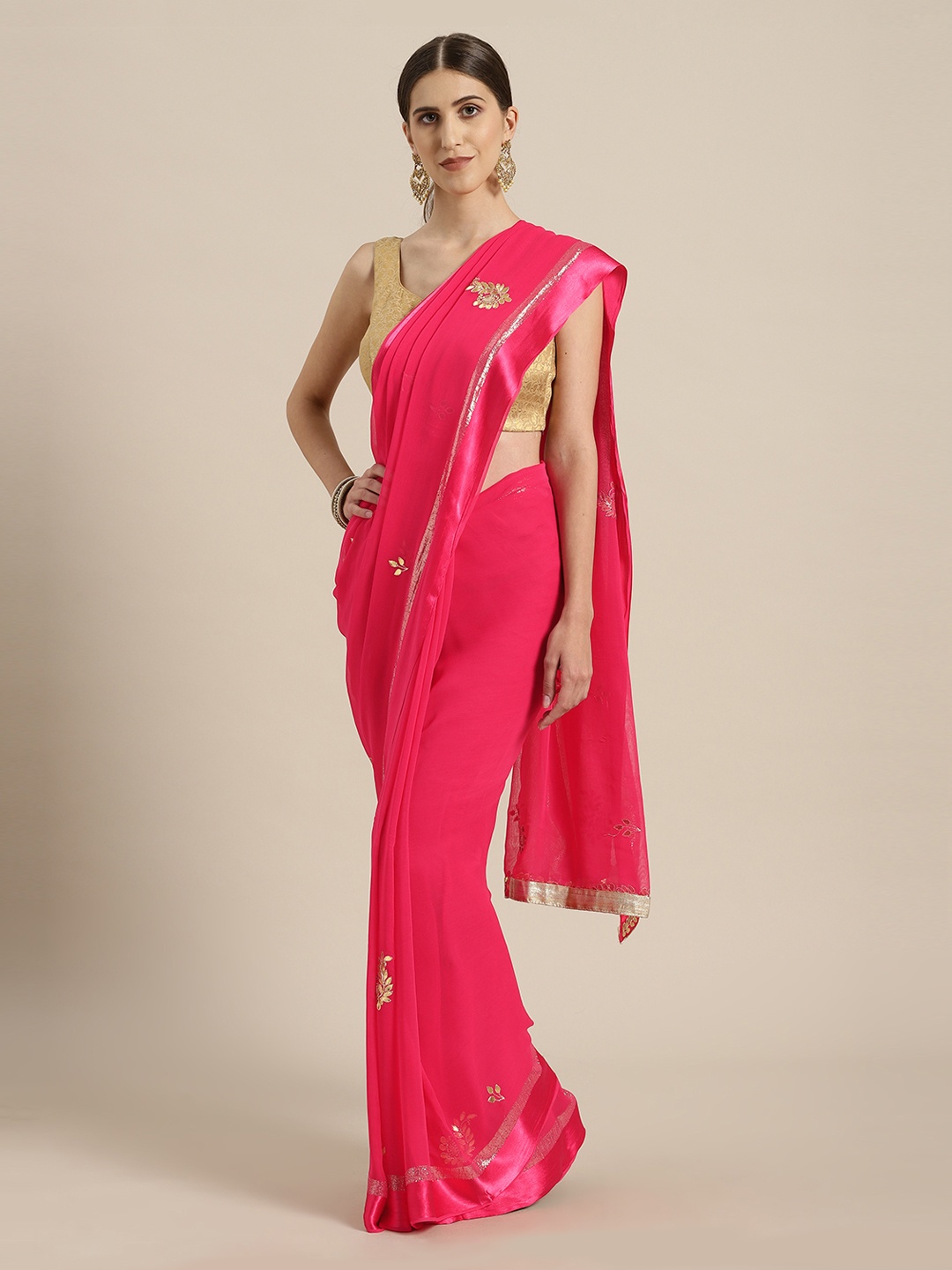 

Geroo Jaipur Pink Hand Embellished Chiffon Sustainable Saree