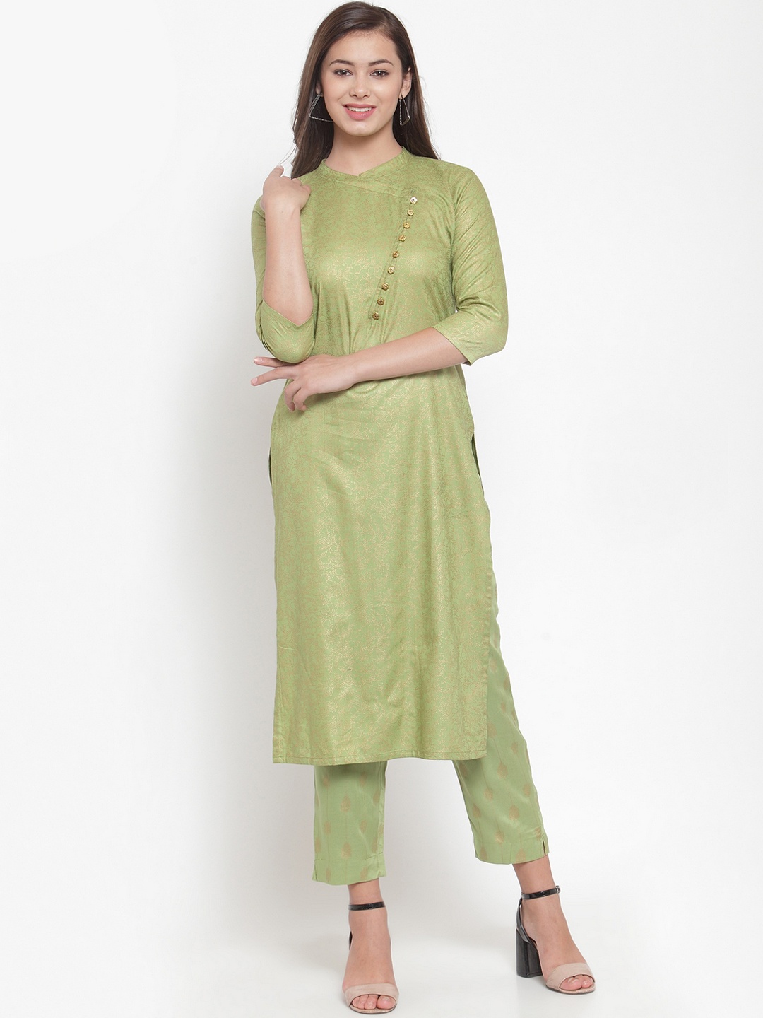 Indibelle Women Green & Brown Floral Print Straight Kurta