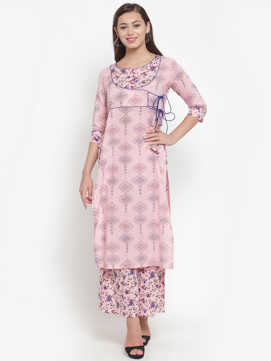 

Indibelle Women Pink & Blue Printed Straight Kurta