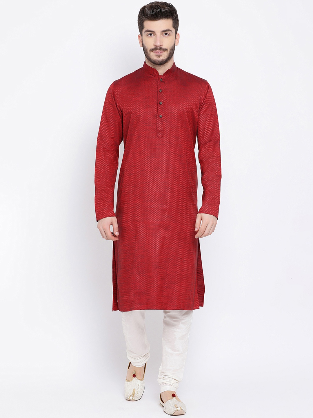 

NAMASKAR Men Maroon Cotton Self Design Straight Kurta