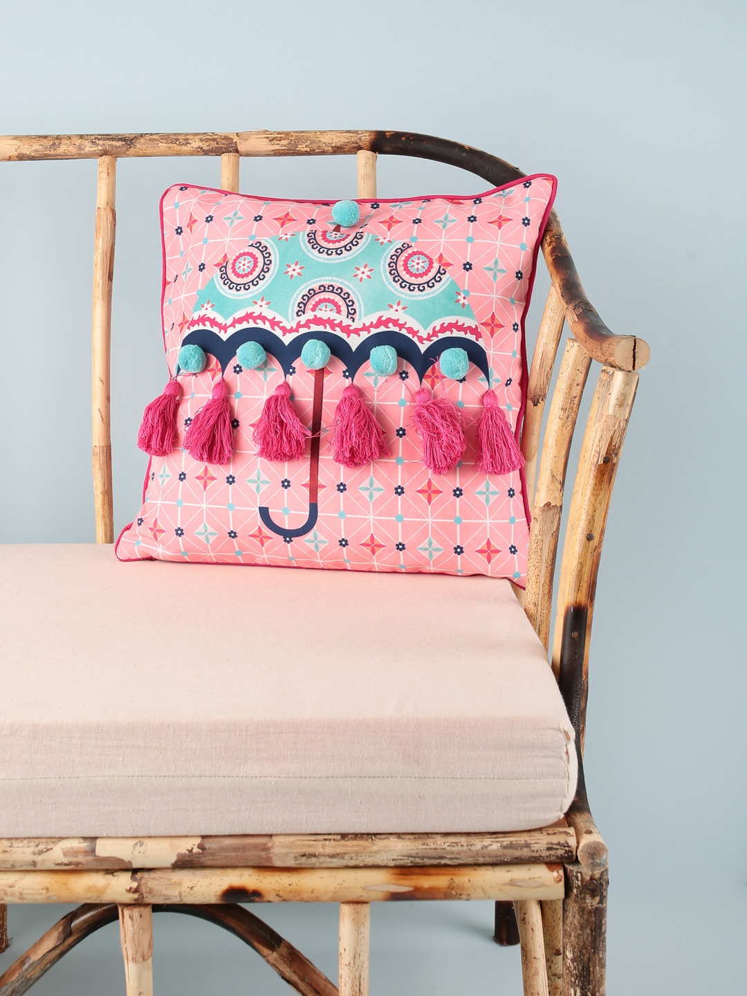 

Chumbak Pink & Turquoise Blue Quirky Square Cushion Cover